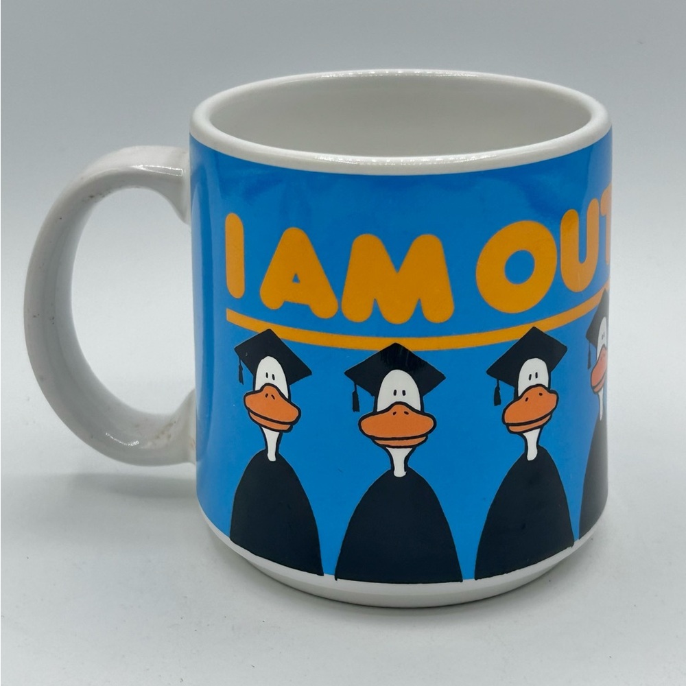 Vintage Dakin Im Outta Here Duck Graduation Coffee Mug Ceramic Blue White 8 oz